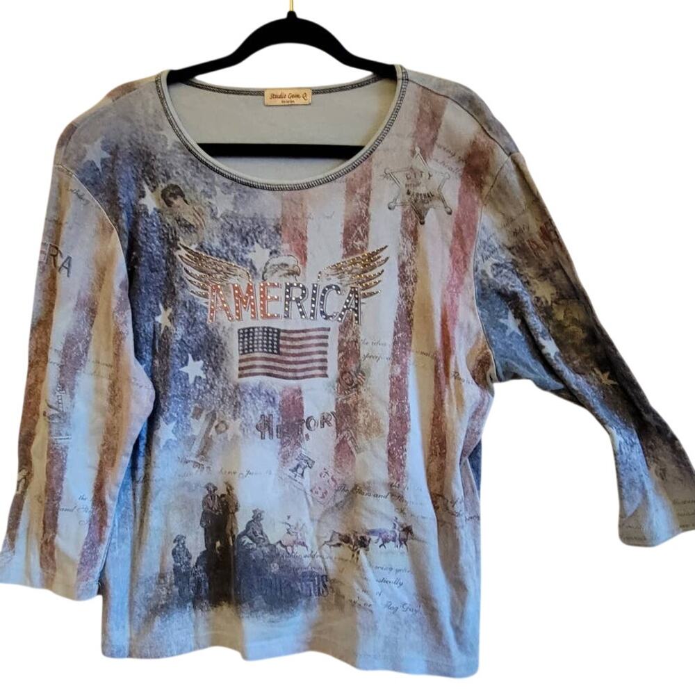 Studio Gem America Patriotic Red Blue 3/4 Sleeve Studs Top Womens XX Large